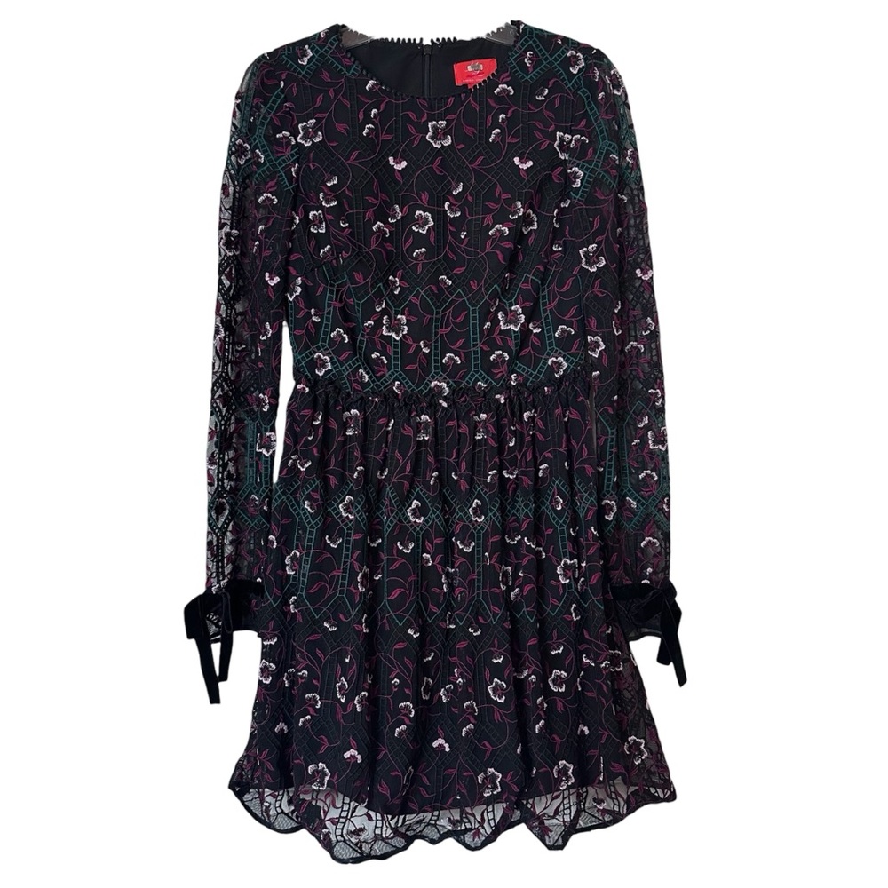 ML Monique Lhuillier Vine Embroidered Velvet Bow Trim Dress Sz 6